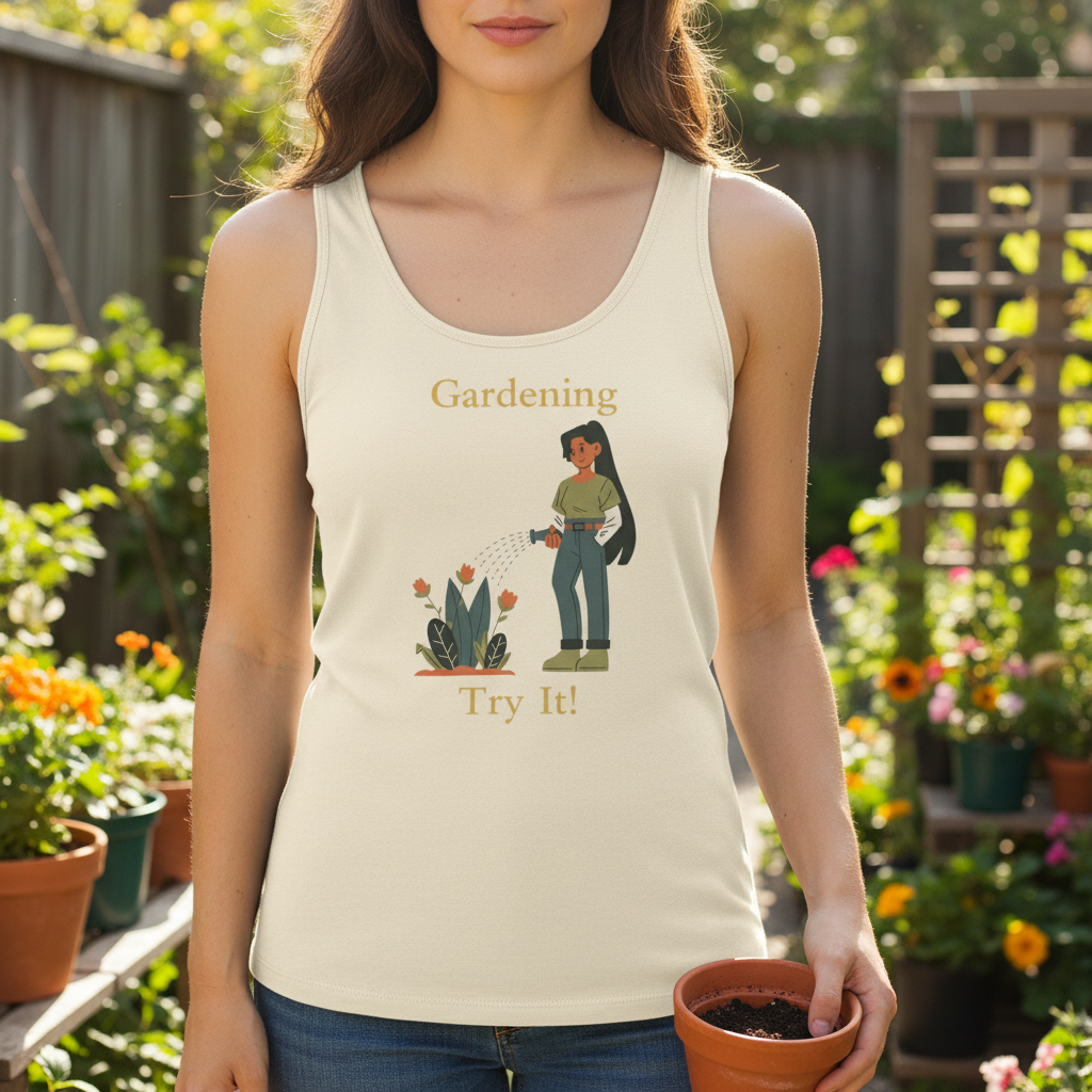 Person wearing a tank top with a gardening graphic and text in a garden setting