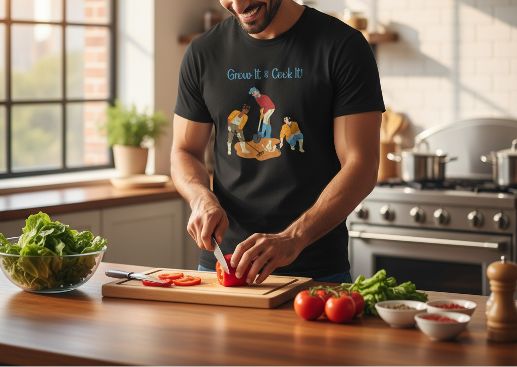 Person in a kitchen wearing a black t-shirt with a graphic design, cutting vegetables on a wooden cutting board.