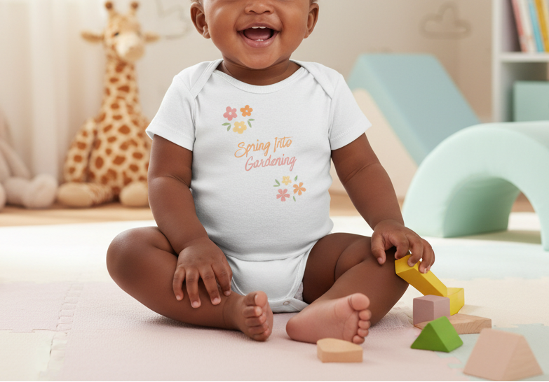 Baby sitting on a floor with colorful blocks, wearing a white onesie with text and floral designs.