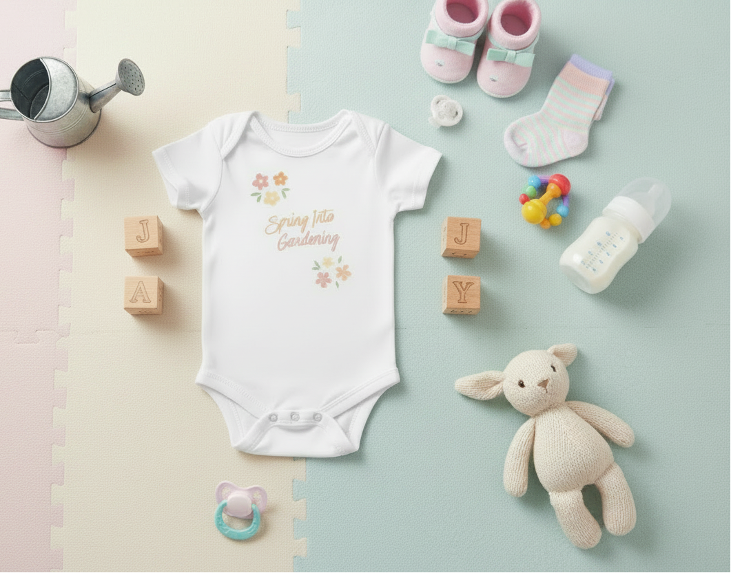 Baby clothing and items including a onesie, shoes, blocks, and a toy on a pastel background