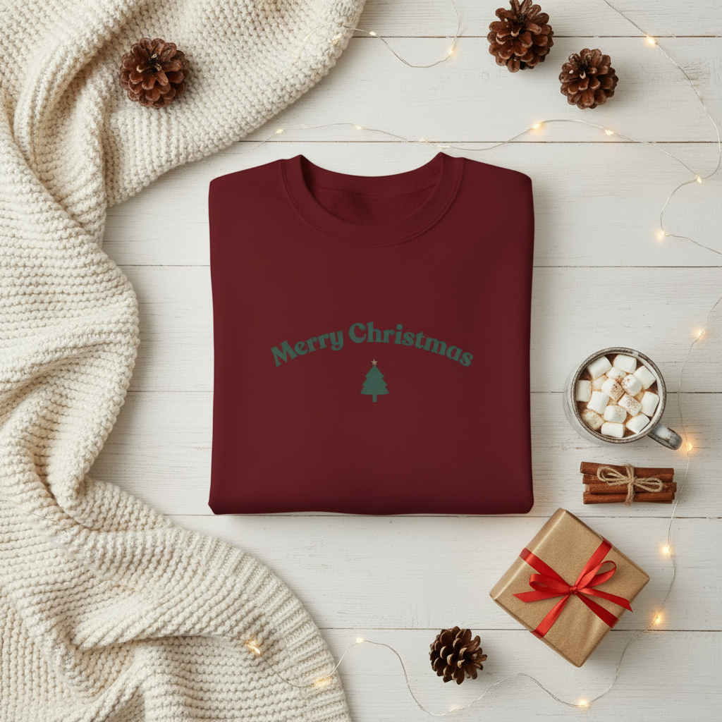Maroon sweatshirt with 'Merry Christmas' text on a festive background with lights, pinecones, and a gift.