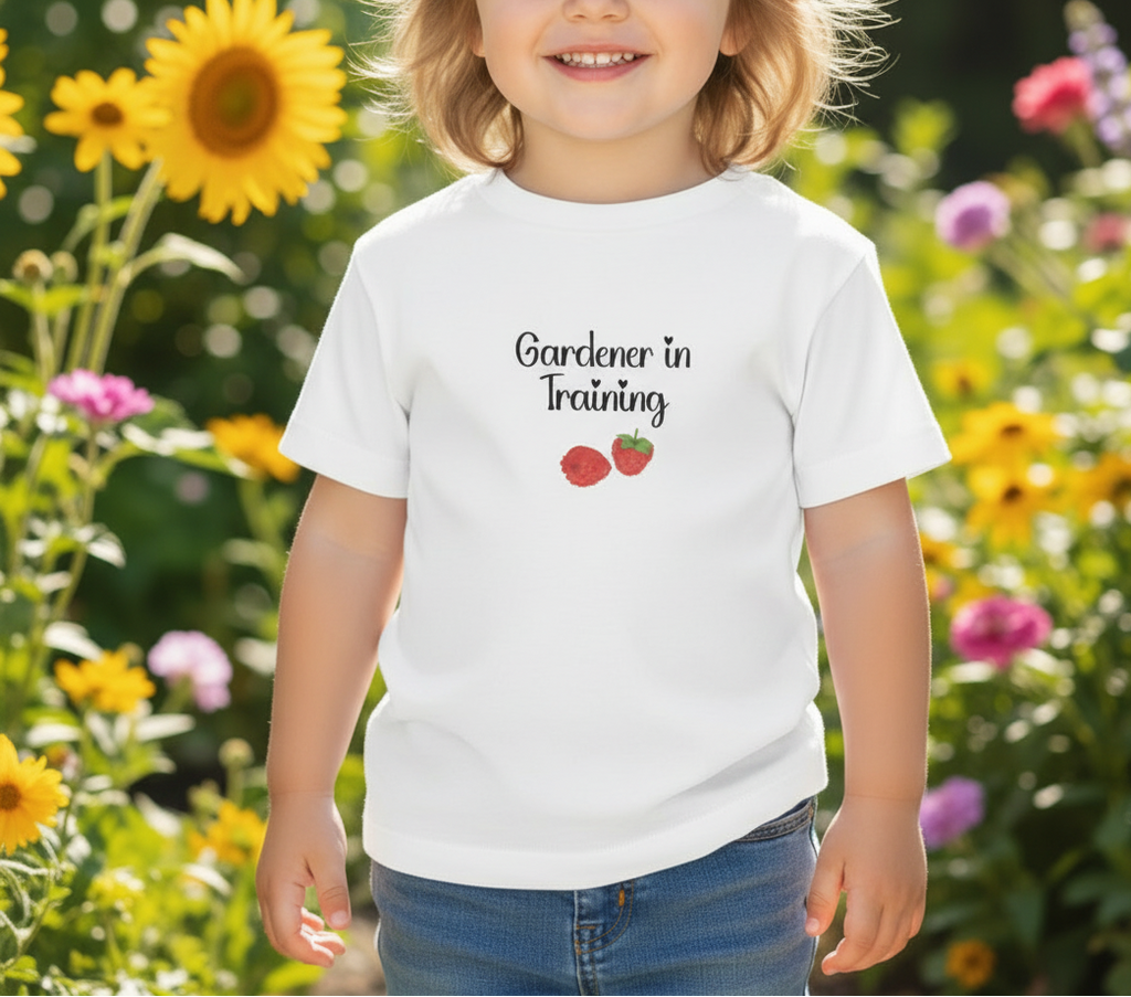 Child wearing a 'Gardener in Training' shirt in a garden setting