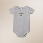 Gray baby onesie with 'Baby Bay Leaf' text and leaf design on a beige background