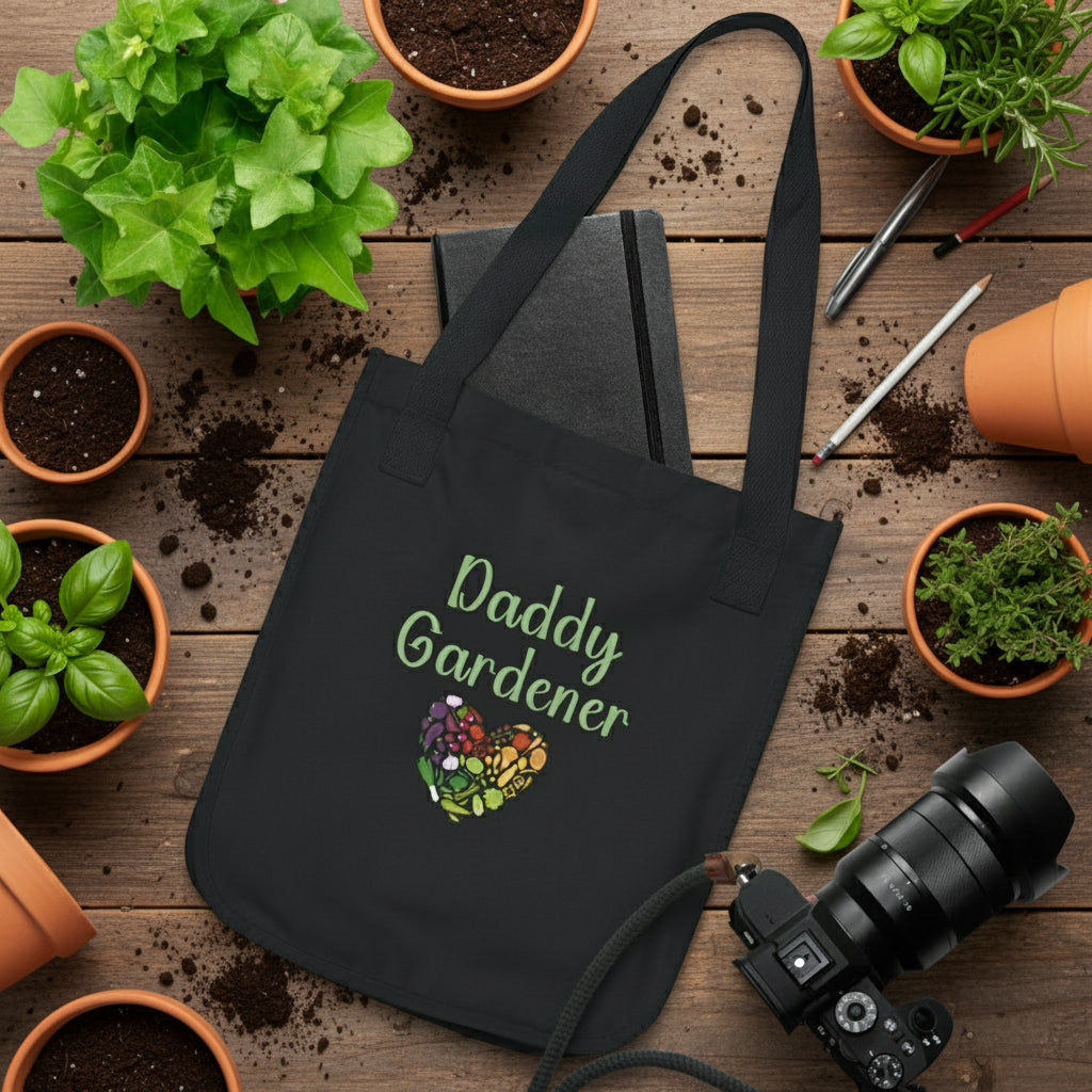 Black tote bag with 'Daddy Gardener' design on a white surface with stationery items.