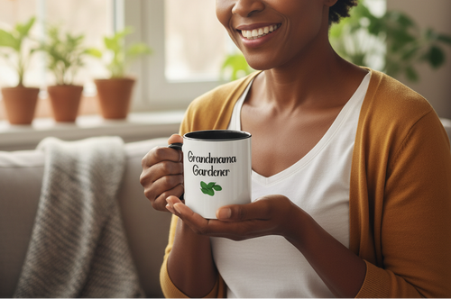 Woman holding a mug with 'Grandma Gardener' text in a cozy indoor setting.