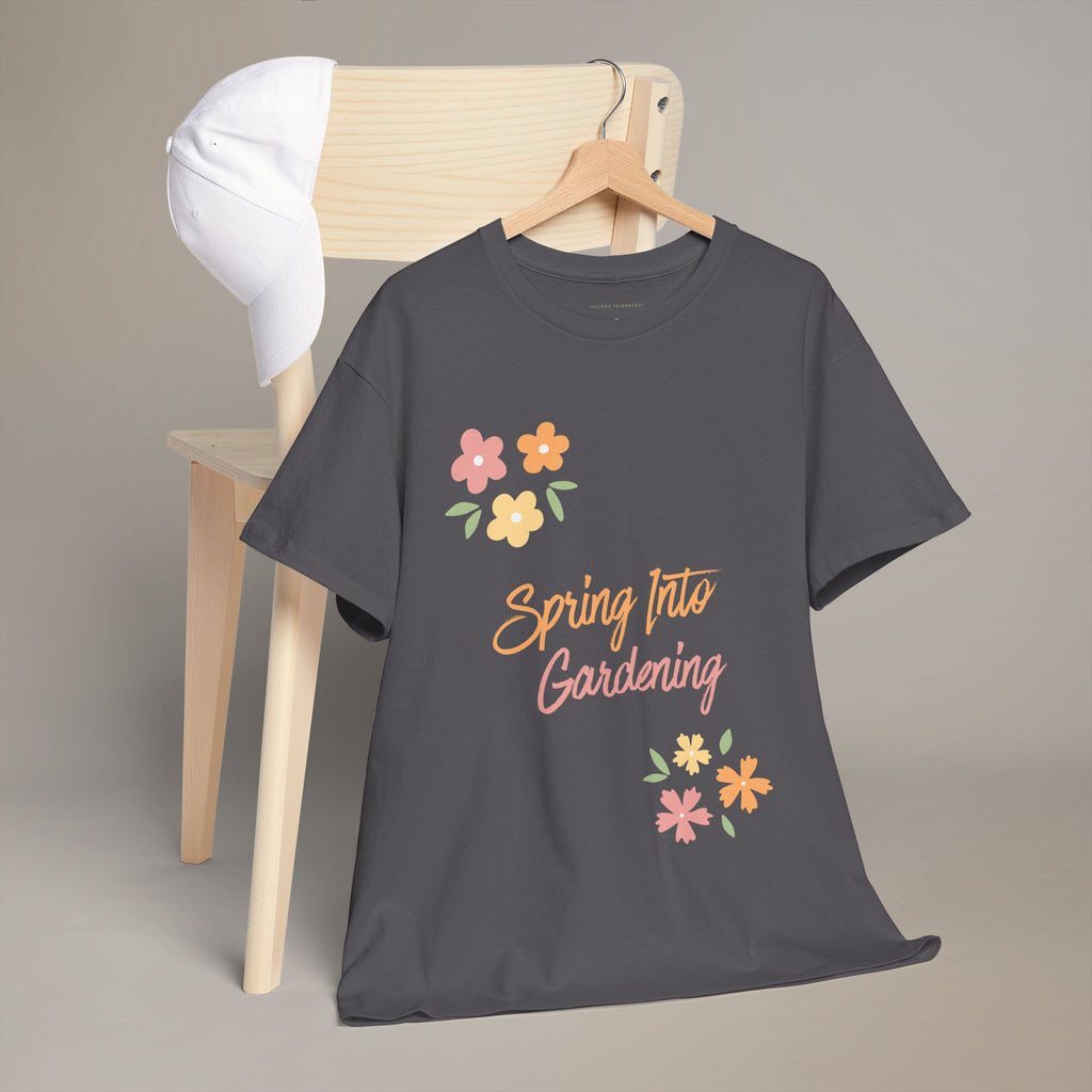 Dark gray t-shirt with 'Spring Into Gardening' text and flowers on a wooden chair.