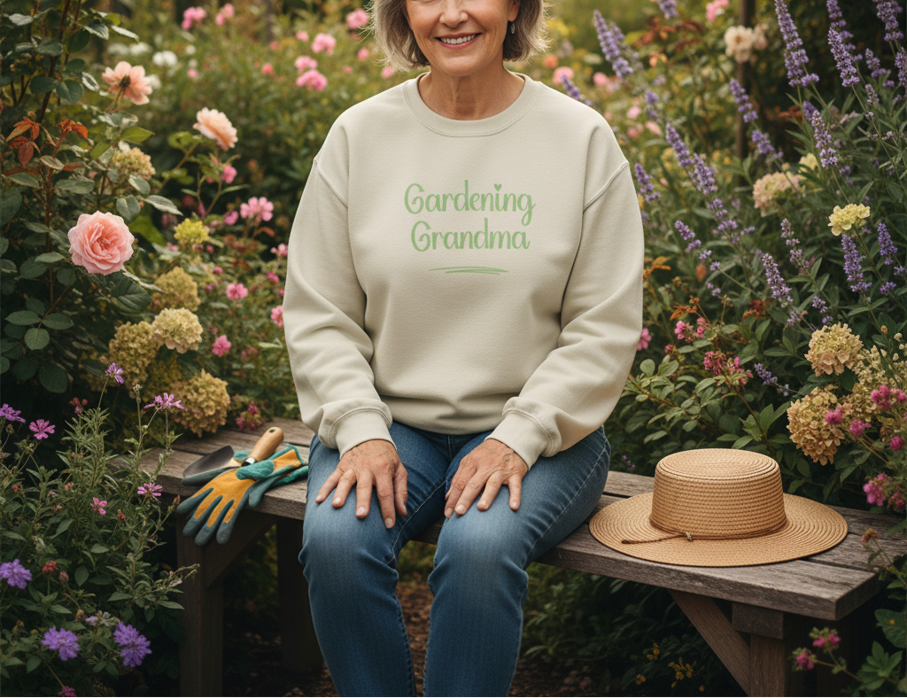 Woman wearing a 'Gardening Grandma' sweatshirt sitting in a garden with flowers and gardening tools.