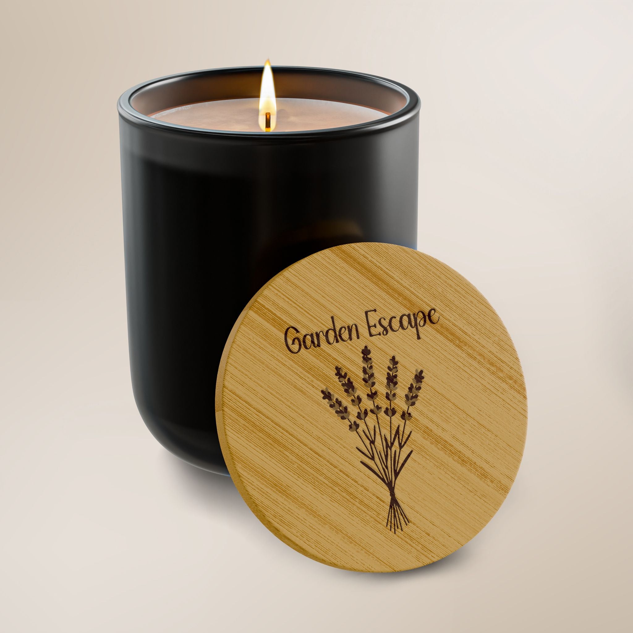 Black candle with a wooden lid labeled 'Garden Escape' on a beige background