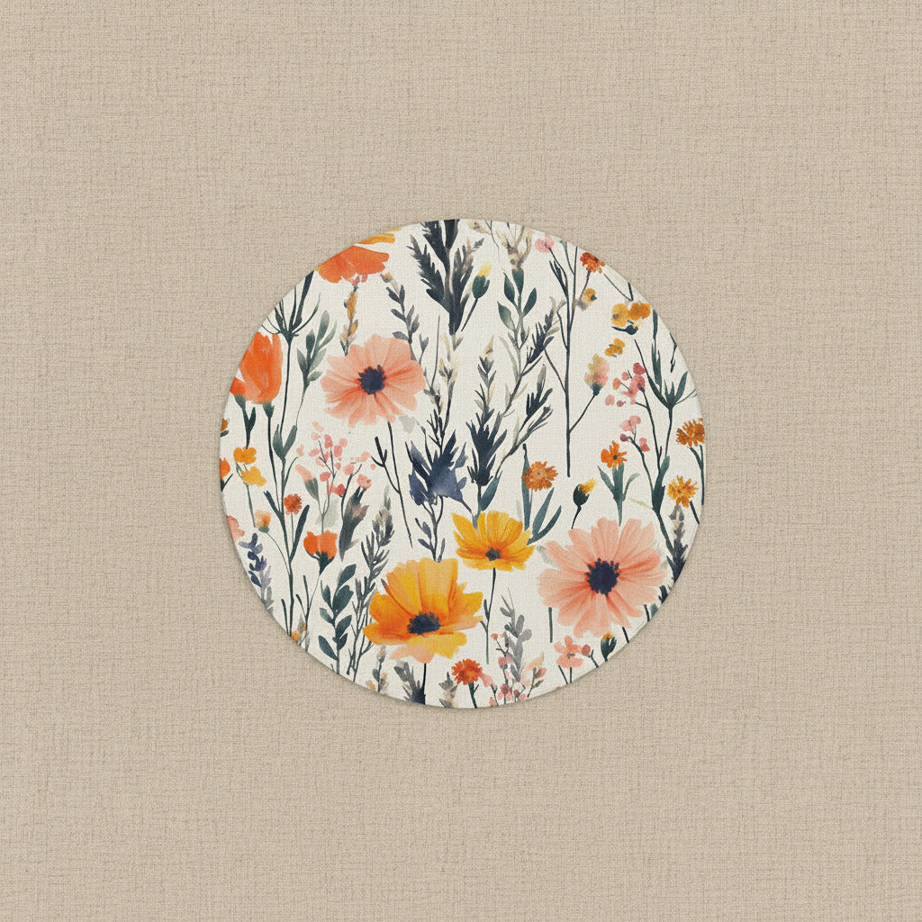 Round floral coaster with orange and pink flowers on a white background