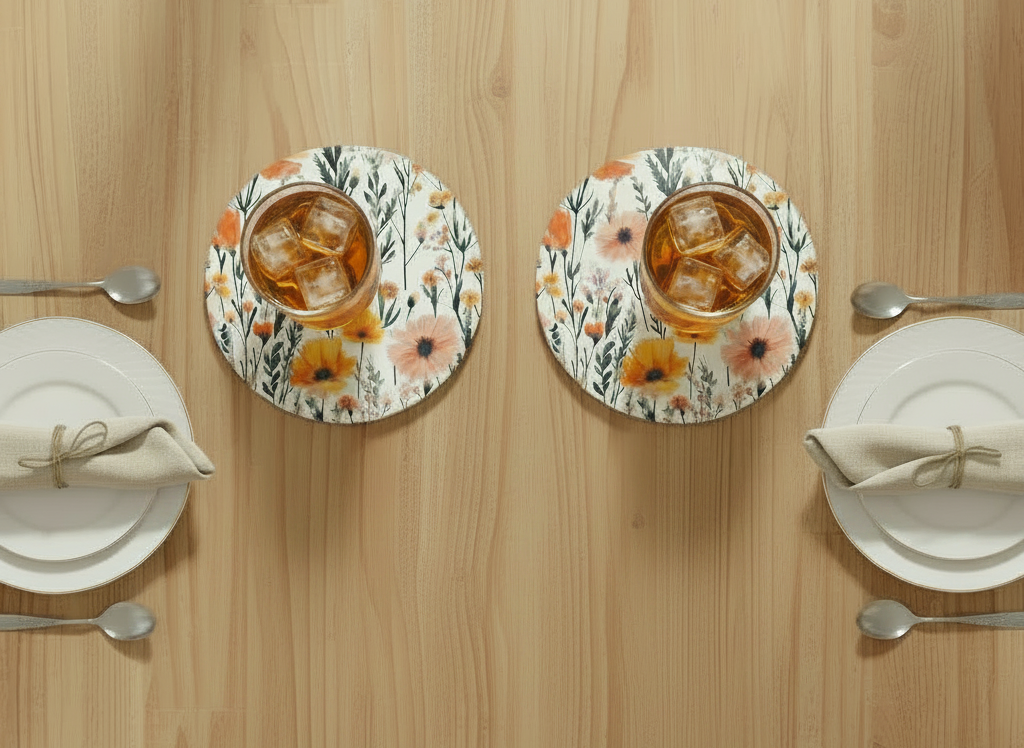 Four floral teacups with saucers on a wooden table.