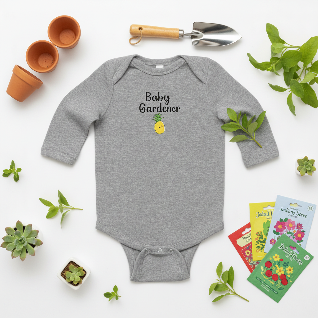 Baby gardener long-sleeve onesie, heather gray, “Baby Gardener” pineapple graphic