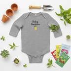 Baby gardener long-sleeve onesie, heather gray, “Baby Gardener” pineapple graphic