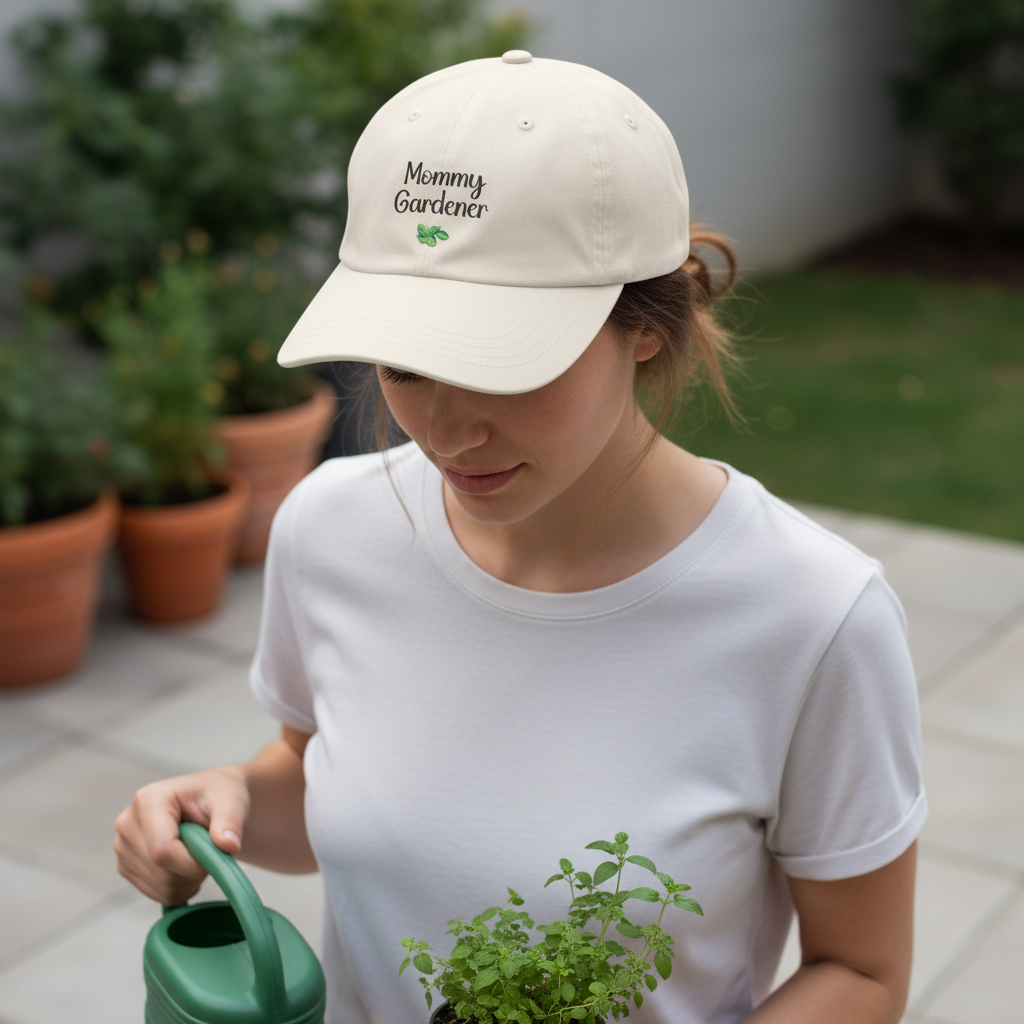 Woman wearing a 'Mommy Gardener' cap holding a plant and watering can outdoors.