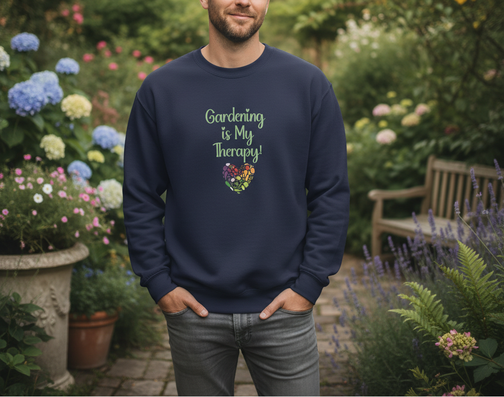 Man wearing a navy blue sweatshirt with 'Gardening is My Therapy!' text in a garden setting