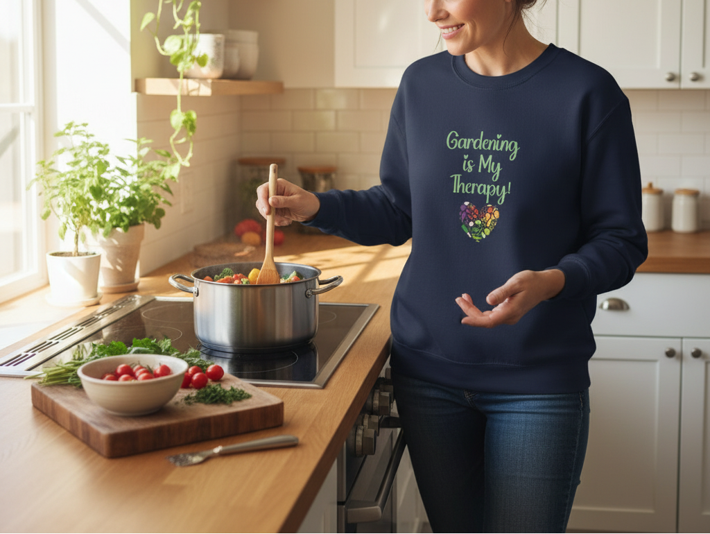 Person cooking in a kitchen wearing a navy sweatshirt with 'Gardening is My Therapy' text.
