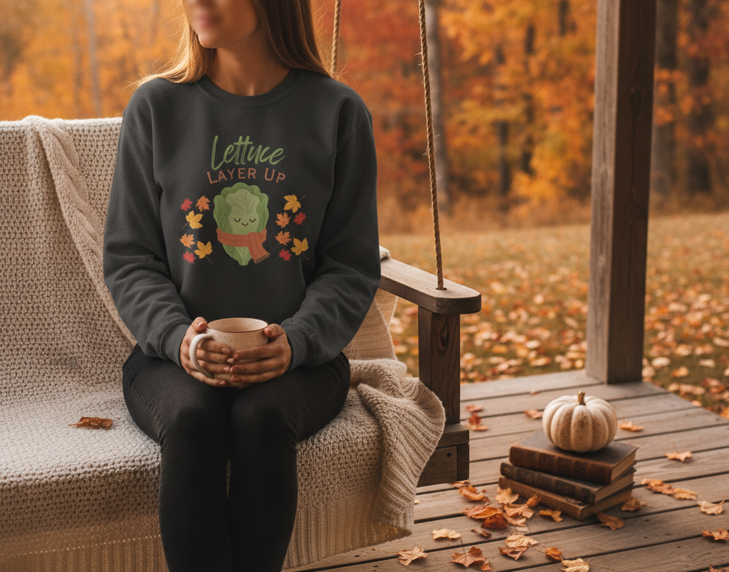 Person wearing a sweater with a graphic design sitting on a swing during autumn.