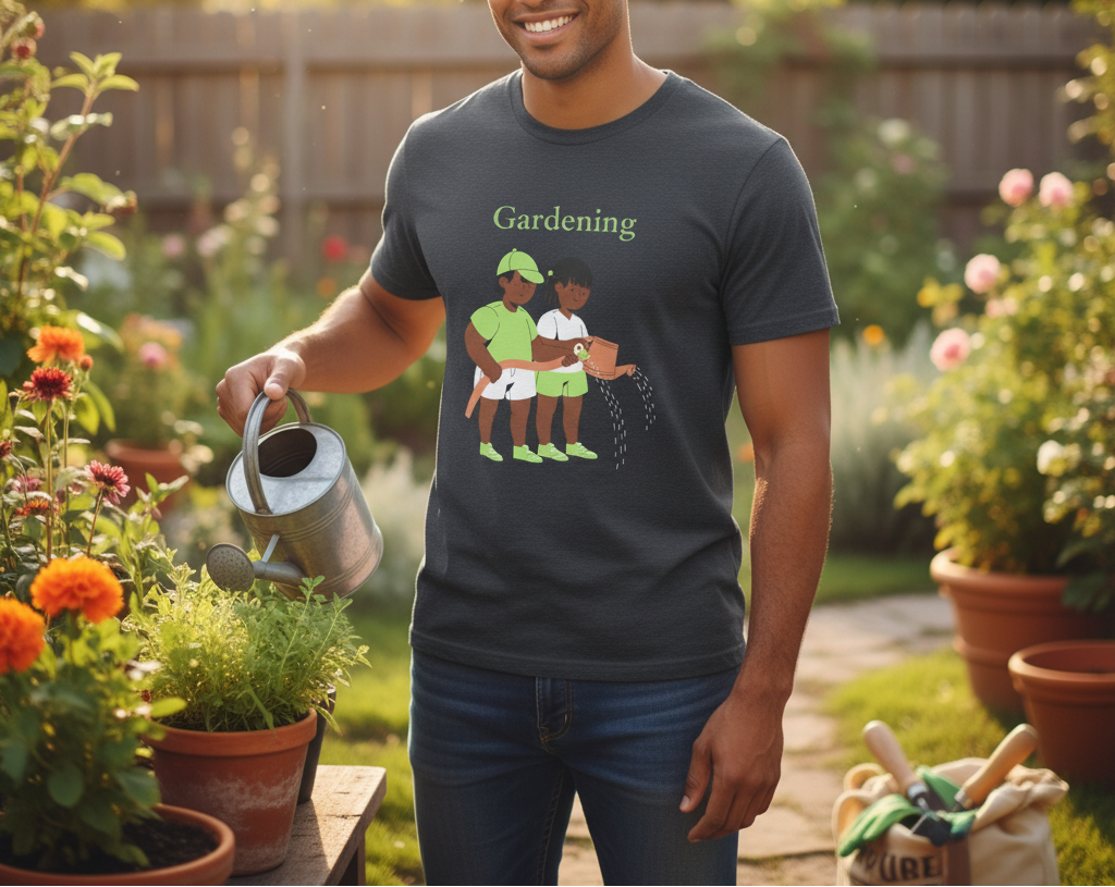Folded t-shirt with 'Gardening' graphic on a beige background