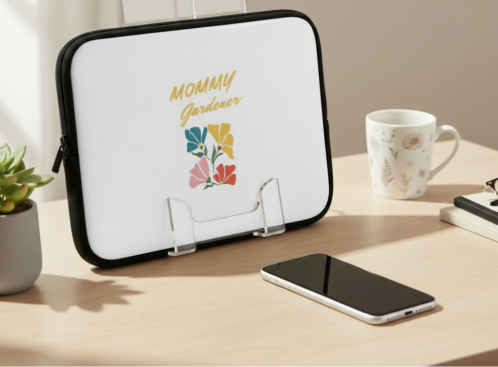 Laptop sleeve with 'Mommy Gardener' design on a desk with a phone and mug.