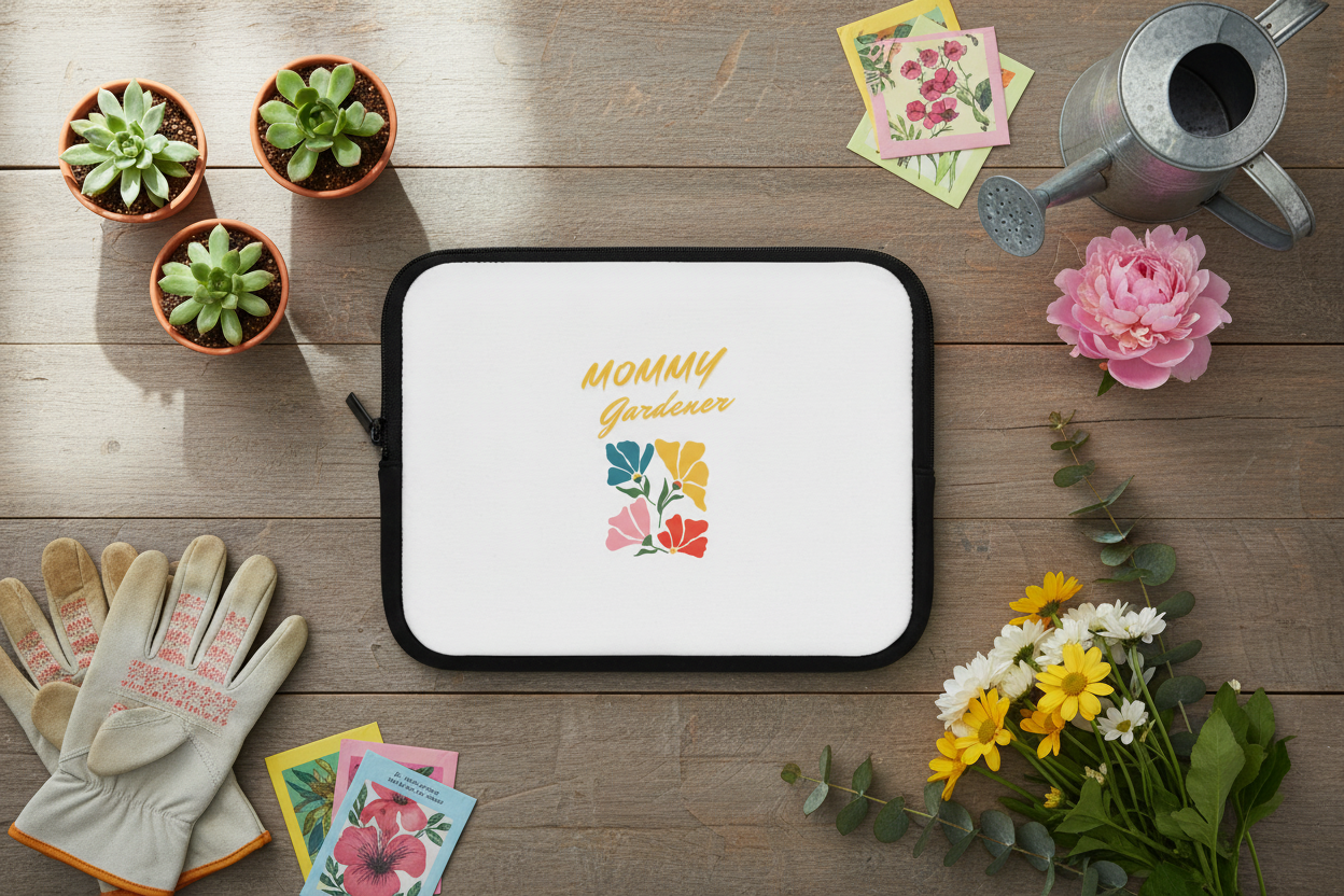 Tablet case with 'Mommy Gardener' design on a wooden surface with gardening accessories.