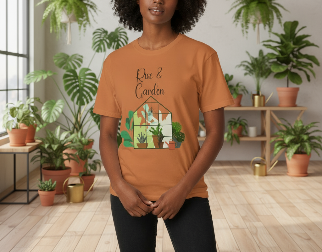Person wearing an orange t-shirt with a graphic design in a room with plants