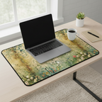 Laptop on a decorative desk mat with a cup of coffee and notebook in a home office setting.