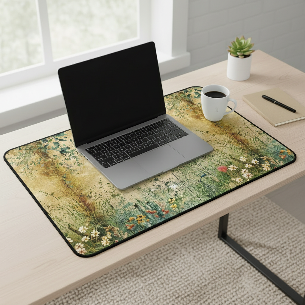Laptop on a decorative desk mat with a cup of coffee and notebook in a home office setting.