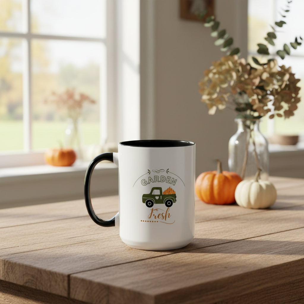White mug with black interior and handle, featuring a design of a truck with pumpkins and 'Garden Fresh' text on a beige background.