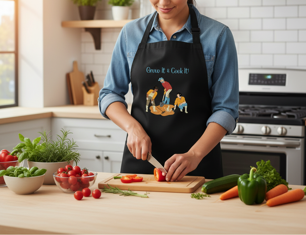 Black apron with graphic design and text on a white background