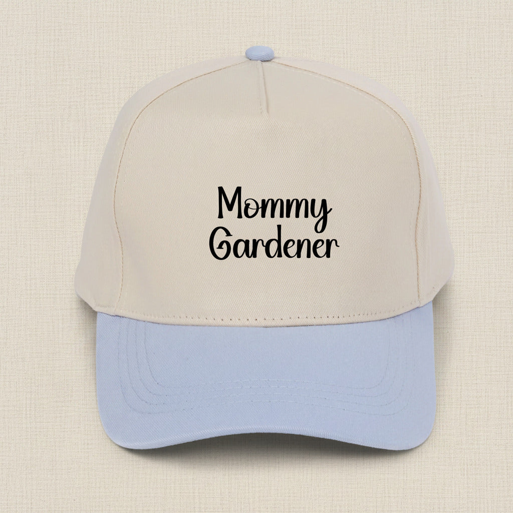 Beige and light blue cap with 'Mommy Gardener' text on a white background