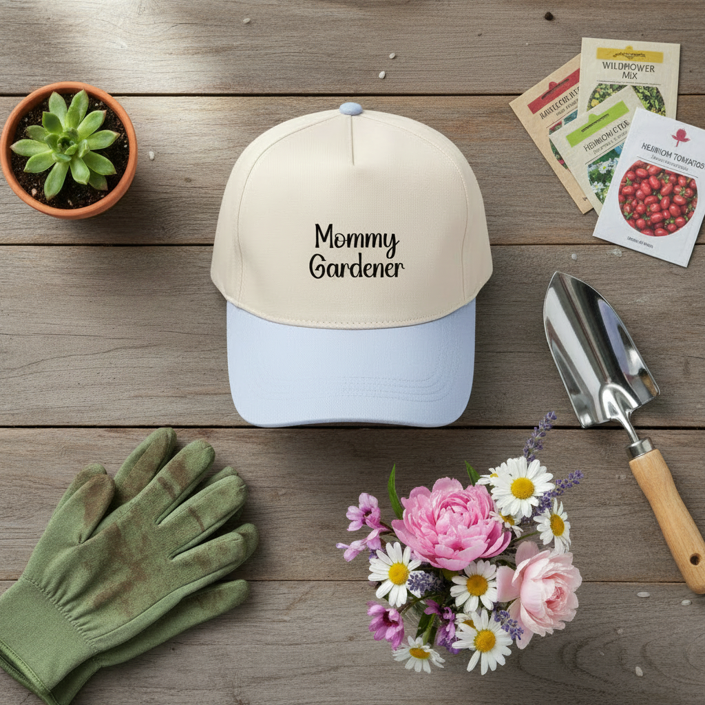 Gardening-themed items including a cap, gloves, flowers, and seeds on a wooden surface.