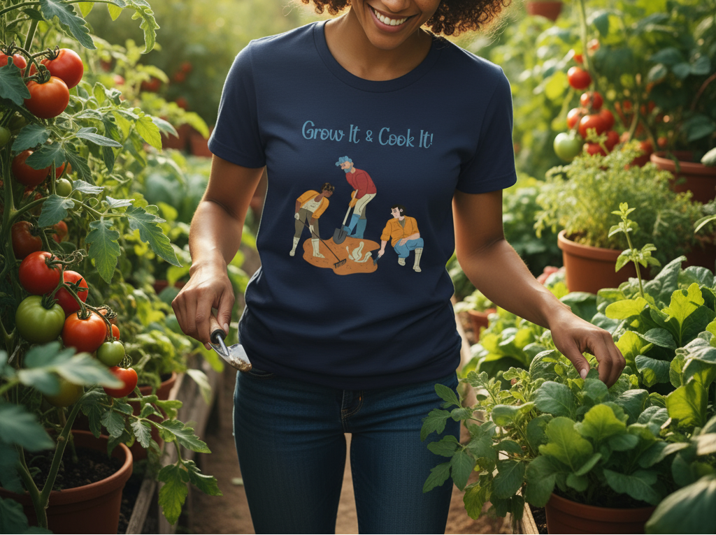 Person in a garden wearing a navy blue t-shirt with graphic design and text.