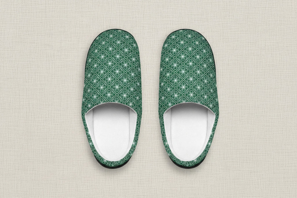 Pair of blue and black patterned slippers on a white background