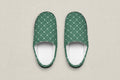 Pair of blue and black patterned slippers on a white background