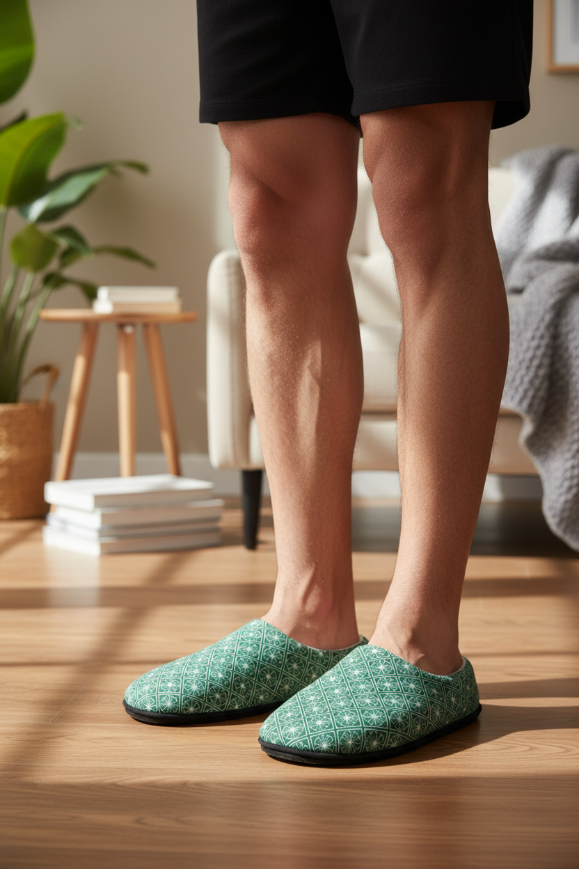 Pair of blue and black patterned slippers on a white background