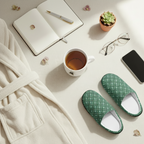 A styled flat-lay featuring a pair of green patterned slip-on slippers on a light beige textured surface, alongside a cream bathrobe, a white mug of tea, an open notebook with a pen, eyeglasses, a smartphone, and a small potted succulent.