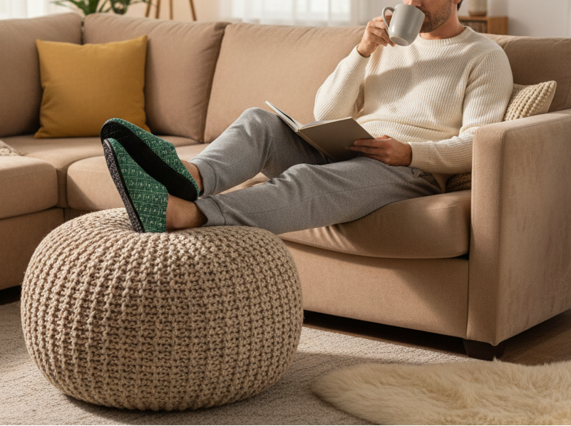 A man relaxes on a beige sectional sofa with his feet resting on a chunky knit pouf. He is wearing a cream knit sweater, light gray sweatpants, and green patterned slip-on slippers, holding a mug and reading a book in a cozy living room setting.