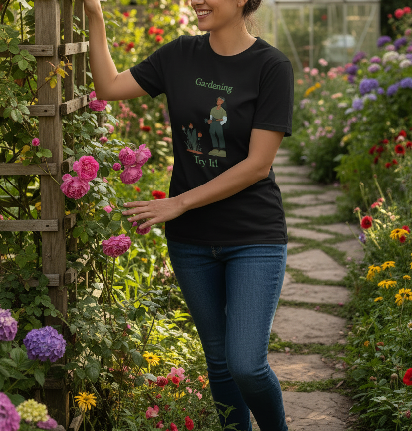 Black crew-neck t-shirt with gardening graphic and slogan “Try It!”