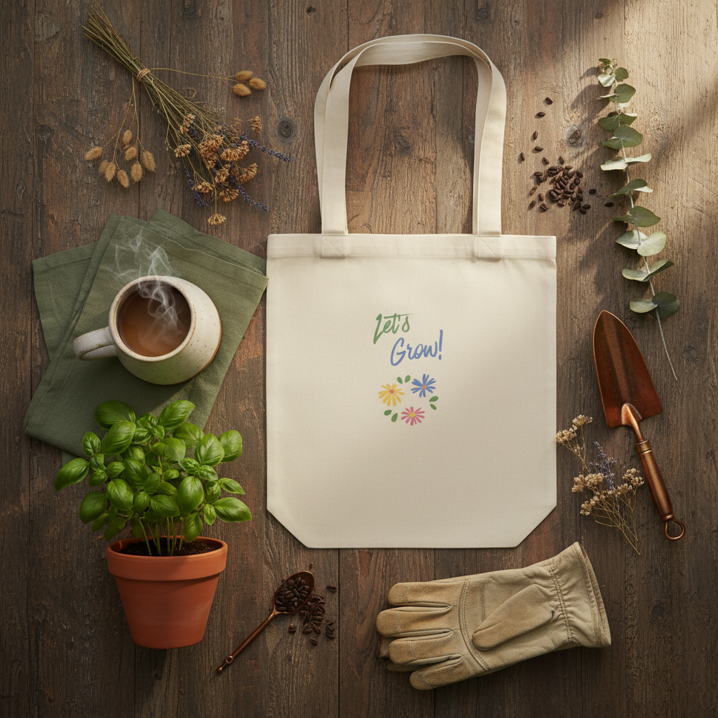 A cream canvas tote bag with 'Let's Grow!' and a small flower graphic printed on the front, styled in a flat lay on a dark wood surface with gardening props including a potted basil plant, gardening gloves, a trowel, dried flowers, and a mug of coffee.