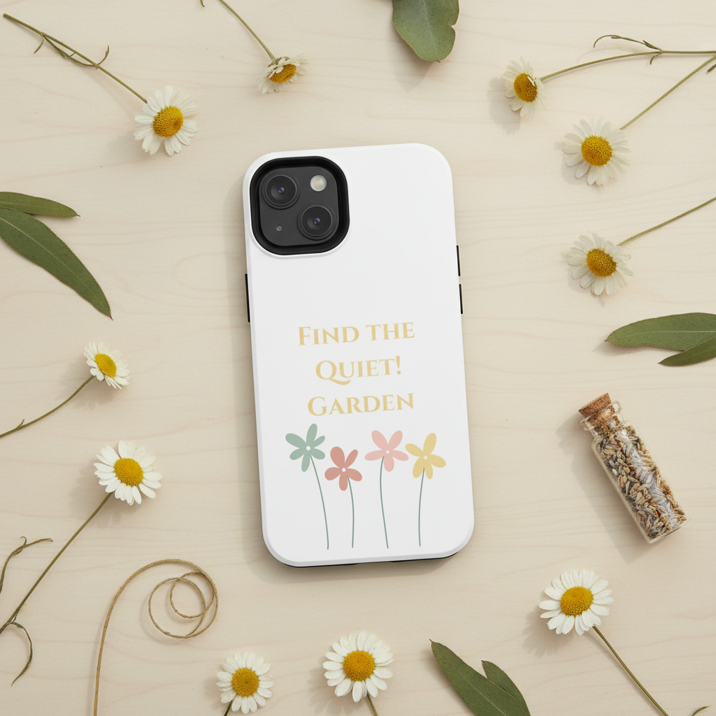 Phone case with floral design and text on a beige background with flowers and leaves.