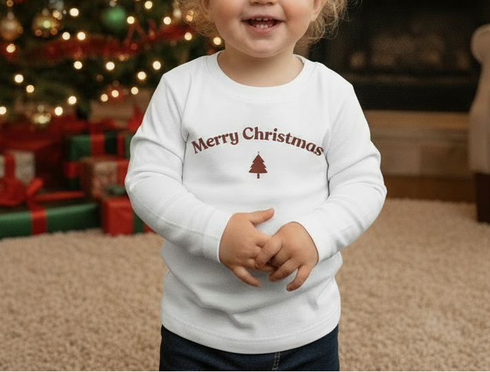 Child wearing a 'Merry Christmas' sweater in a festive setting with lights and presents.