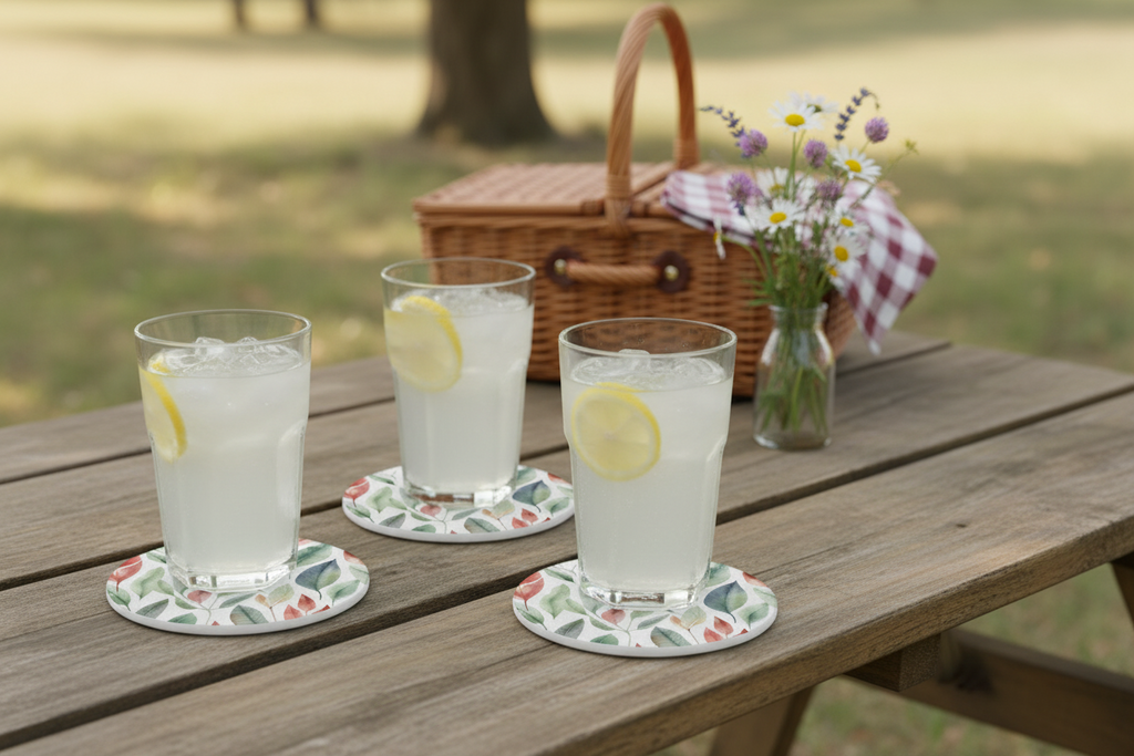 Three glasses of lemonade with lemon slices on a picnic table with a basket and flowers in the background.