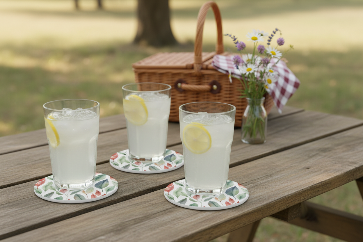 Three glasses of lemonade with lemon slices on a picnic table with a basket and flowers in the background.