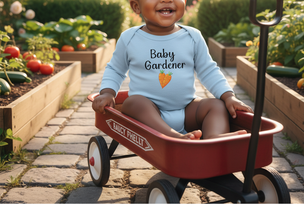 Child in a red wagon wearing a 'Baby Gardener' onesie in a garden setting.