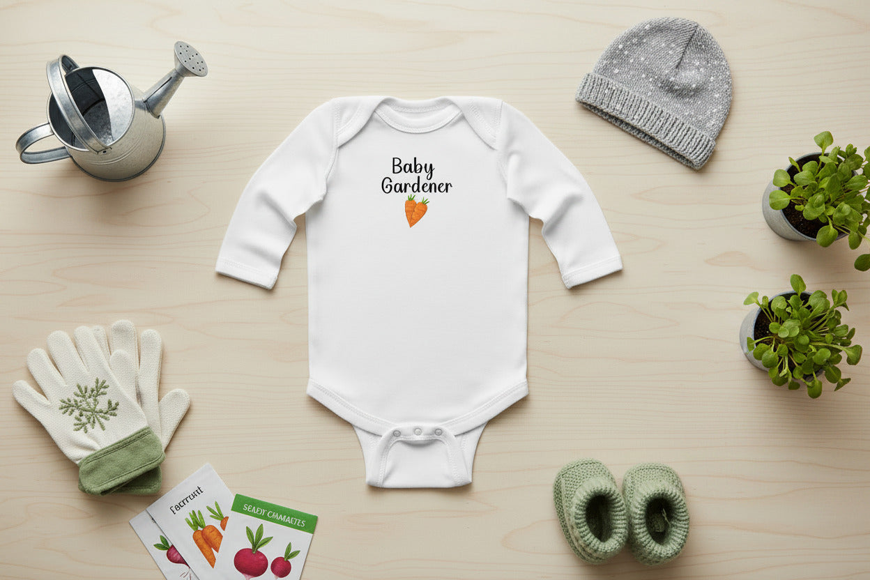 White baby onesie with 'Baby Gardener' text and carrot graphic on a white background