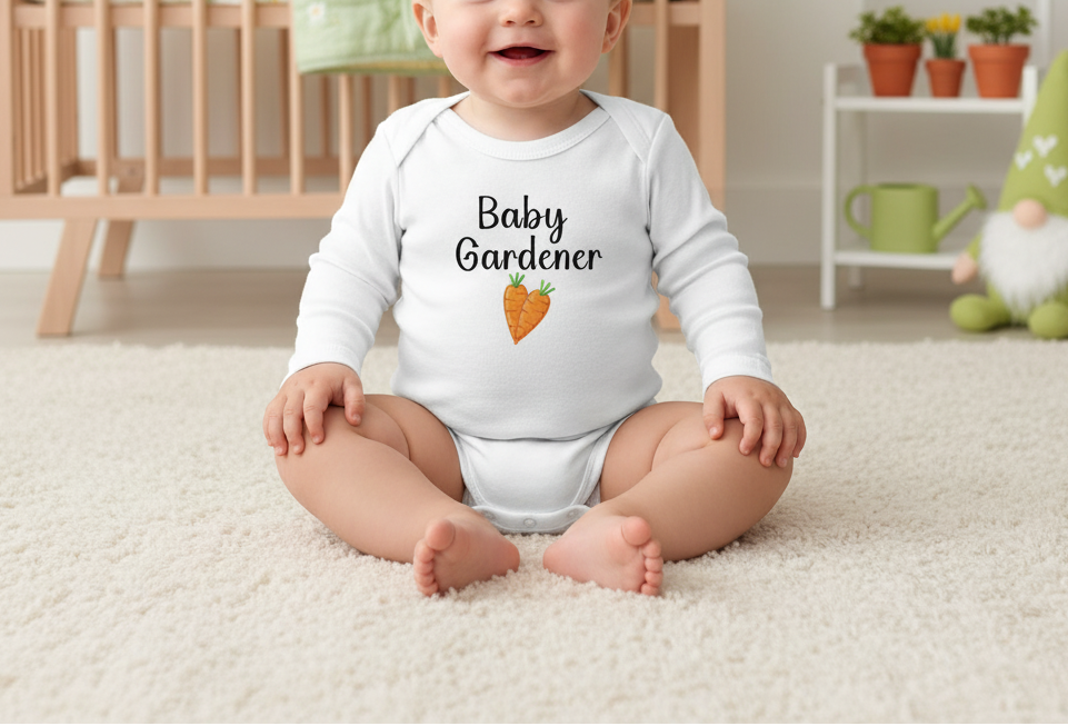Baby wearing a 'Baby Gardener' onesie sitting on a carpeted floor.