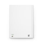 White notebook with text and a QR code on a white background