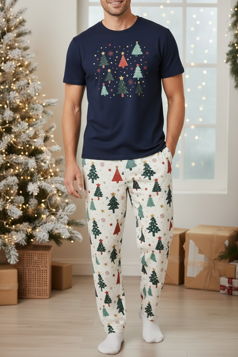 A man modeling a navy blue crewneck t-shirt and matching fleece pajama pants with a Christmas tree print, standing in a decorated living room with a Christmas tree and wrapped gifts.