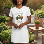 Woman wearing a 'Garden Fresh' t-shirt in a garden setting