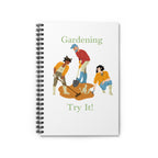 Notebook with gardening illustration and text on a white background