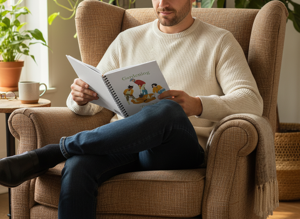 Man sitting in a cozy armchair reading a book in a home setting.